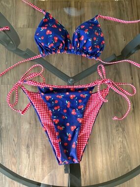 Navy Cherry Print/ Red White Interchangeable Bikini